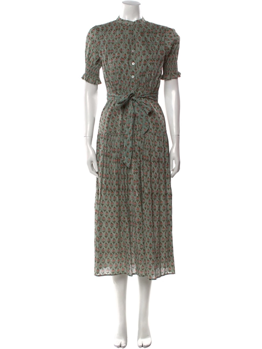 Daughters of India Sage Green Floral Tie-Waist Midi Dress